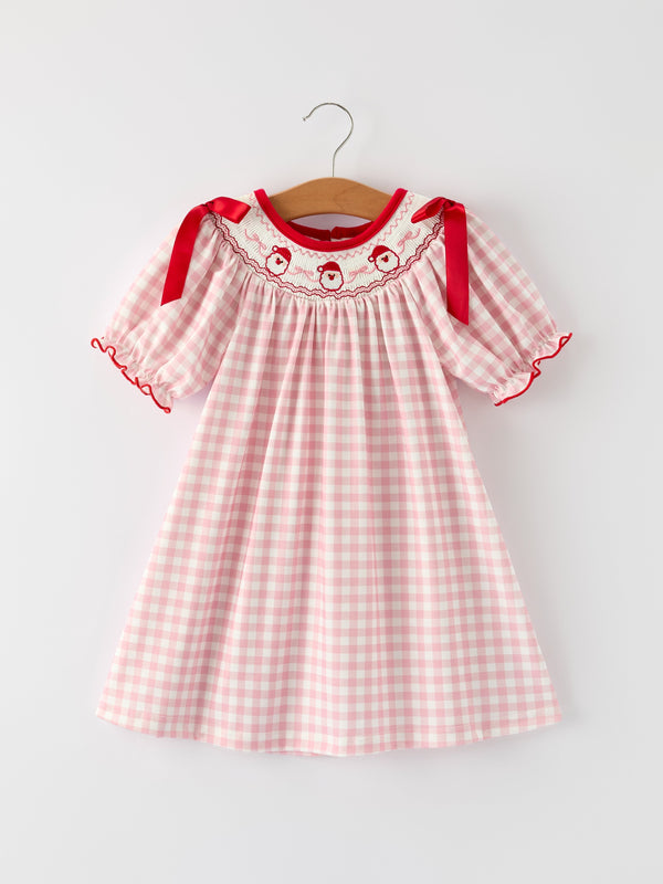 Pink Gingham Christmas Girls Dress: Santa Embroidery with Red Satin Ribbon